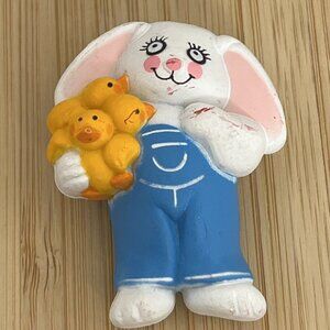 Easter Bunny Rabbit Brooch Pin  Unlimited in overalls with ducks vintage 2”